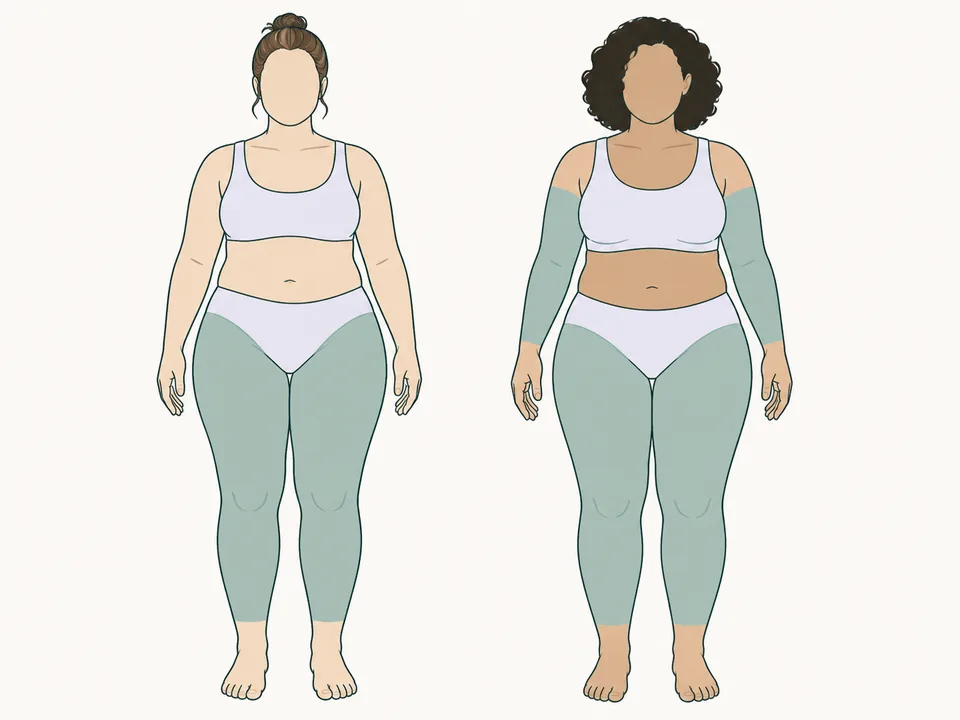 Ilustração frontal com destaque bilateral nas pernas e, em uma segunda figura, nos braços; pés e mãos aparecem sem destaque.